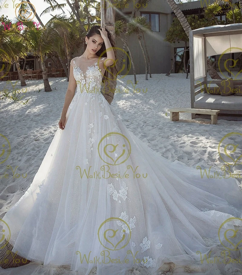 

Ball Gown Wedding Dresses 2022 Lace Appliques Tulle Sheer Cap Sleeve Court train Scoop Neck Long Bridal Gowns Women Ceremony