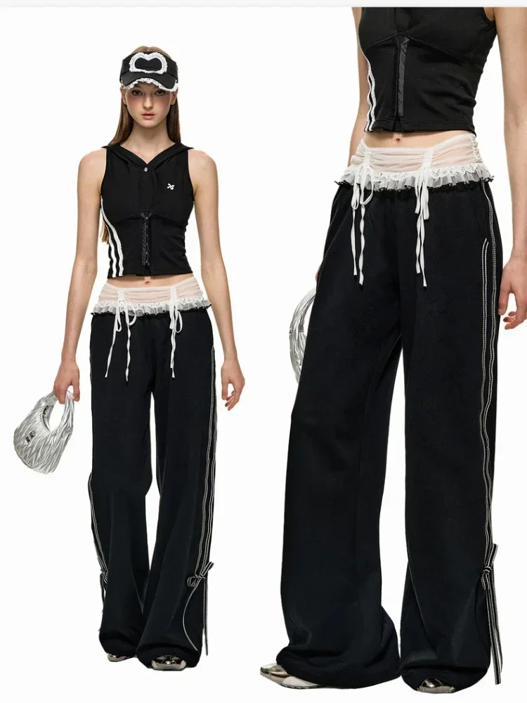 ADAgirl Брюки с бантом и кружевом Y2k Спортивные шикарные черные спортивные штаны