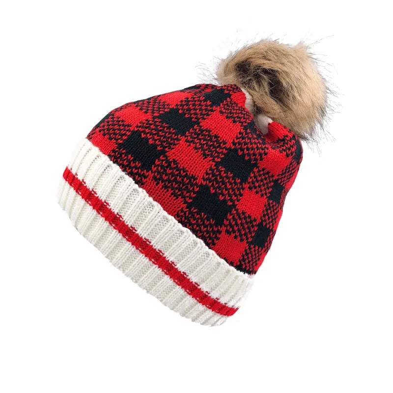 Autumn and Winter Christmas New Color Matching Large Plaid Knitted Hat Warm plus Fur Ball Comfortable Solid Color  Cap Women