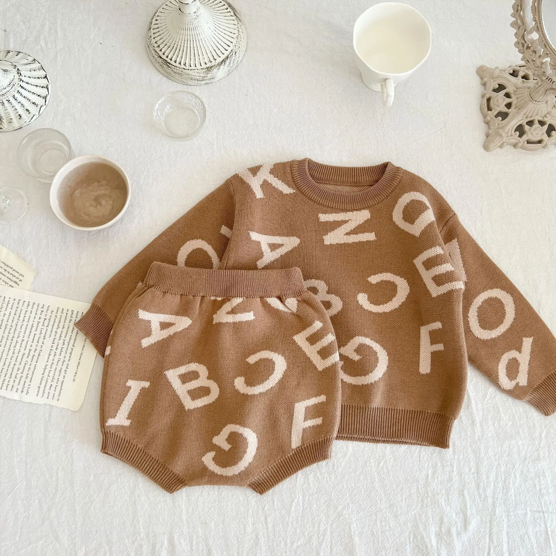 

2022 Autumn New Children Letter Knitting Pullover Sweater Girl Baby Long Sleeve Tops+Pants 2pcs Suit Kid Boy Cotton Casual Suit