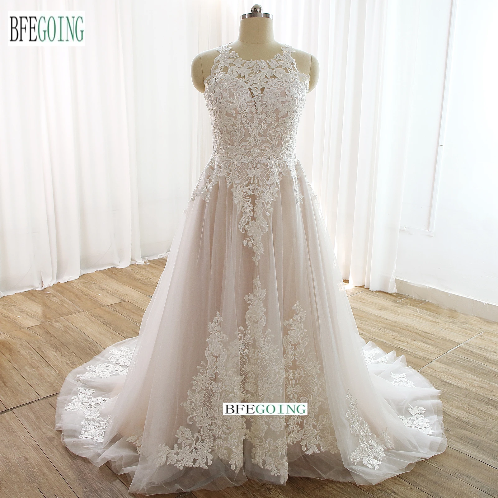 

Lace Tulle Organza Sleeveless A-Line Wedding Dresses Chapel Train Custom Made Floor-Length Bridal Gowns Layered Skirt