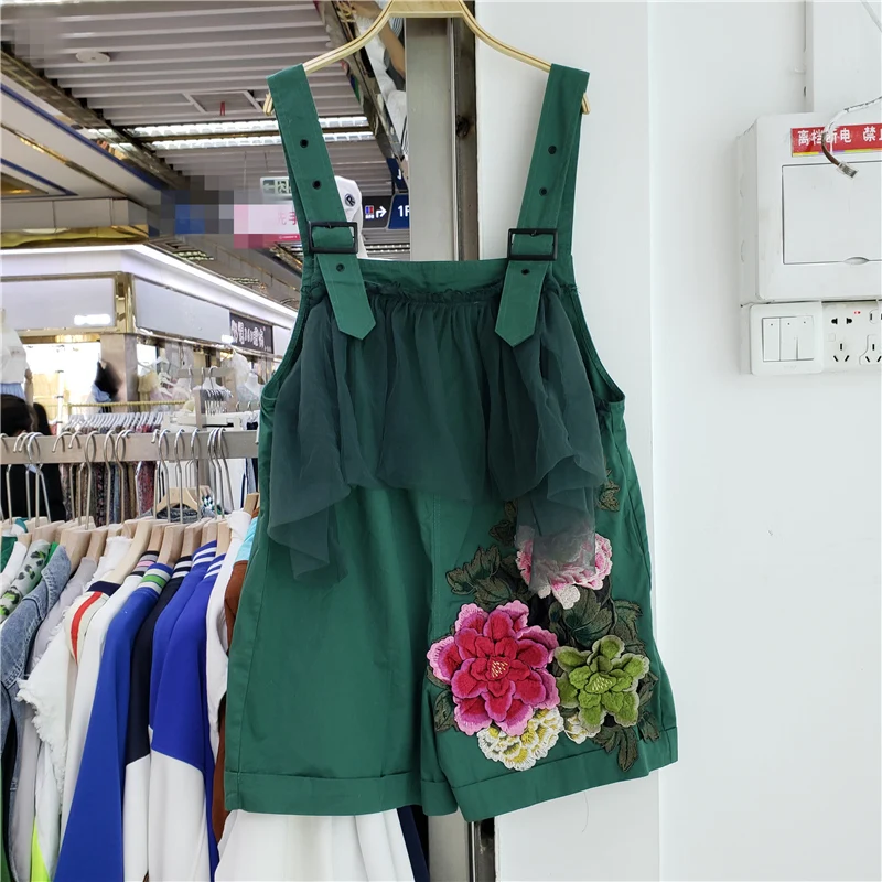 

Green Denim Rompers Summer New Women Three-dimensional Embroidery Flowers Mesh Splicing Wide Leg Jeans Jumpsuits Female Overalls