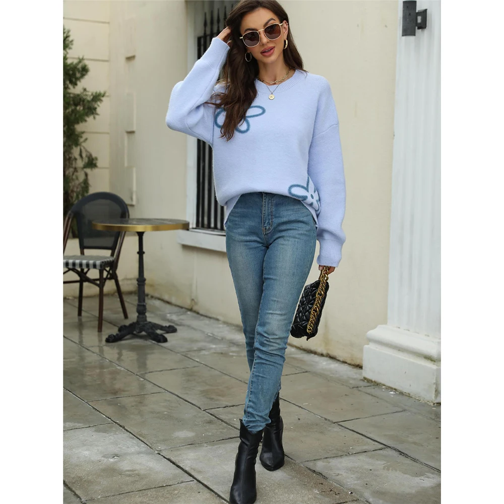 Женский трикотажный пуловер с длинным рукавом цветочным принтом