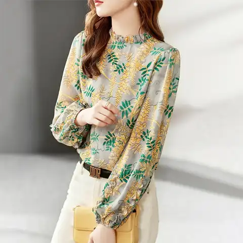 2023 New Chiffon Long Sleeve Round Neck Printing Blouses Elegant Fashion Grace All-match Korean Stylish Women's Blouse Tops