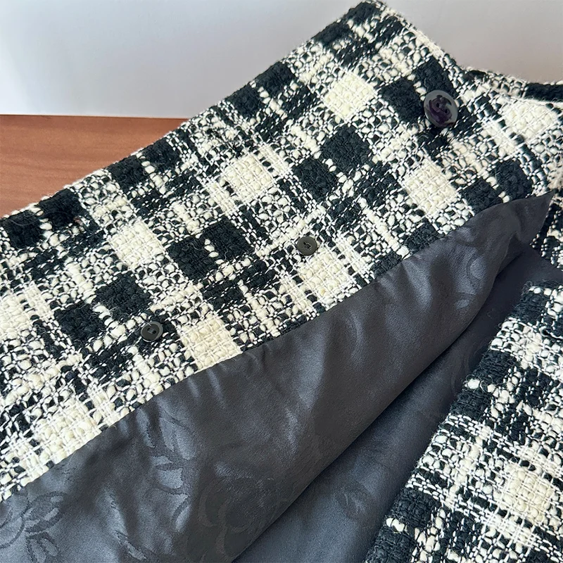 Повседневное Свободное пальто в мелкую французскую клетку черно-белое шерстяное