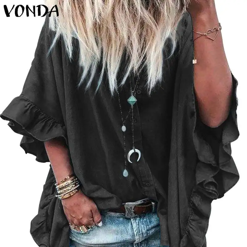 

VONDA Elegant Autumn Blouses Sexy Office Lady Shirts Oversized Women Tunic Tops Casual Lapel Neck Chemise Sleeve Ruffled Blusa