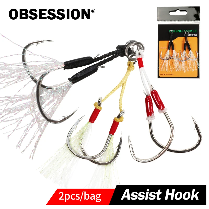 

OBSESSION 2pcs/bag Assist Hook for Jigging Lures 1/0-11/0 Barbed High Carbon Steel Glow Sea Fishing Hook Slow Jigging Pike Hooks