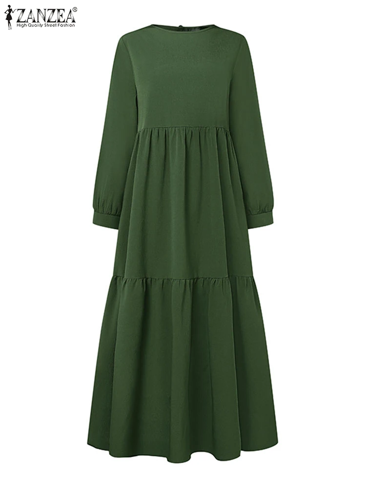 ZANZEA винтажное женское однотонное платье с длинными рукавами осеннее