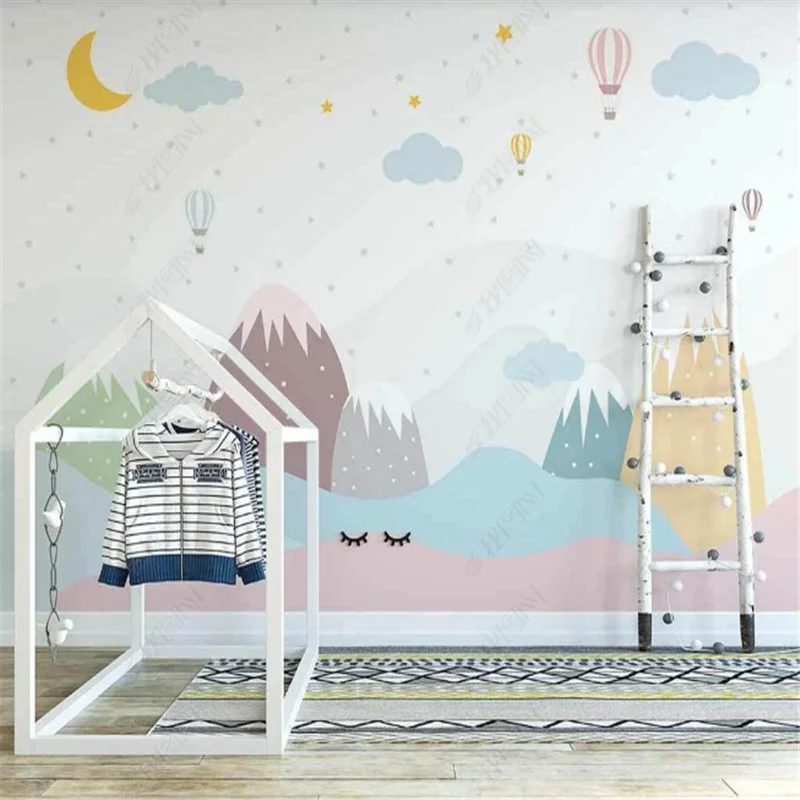 Nordic Fresh Valley Wallpaper for Kids Room Small Animal Hot Air Balloon Children's Background Mural Wall Paper Home Decor |