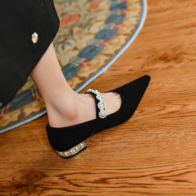 

Flat Shoes Woman French Style Women Flats Elegant Ladies Pearls Shoes Spring Autumn Low Heel 2.5 cm Vintage Kid Suede Footwear