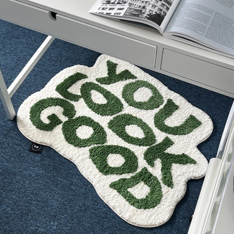 

Green Letter Ins Tufted Carpet Interesting Imitation Cashmere Absorbent Non Slip Floor Mat Living Room Bath Mat Home Decoration