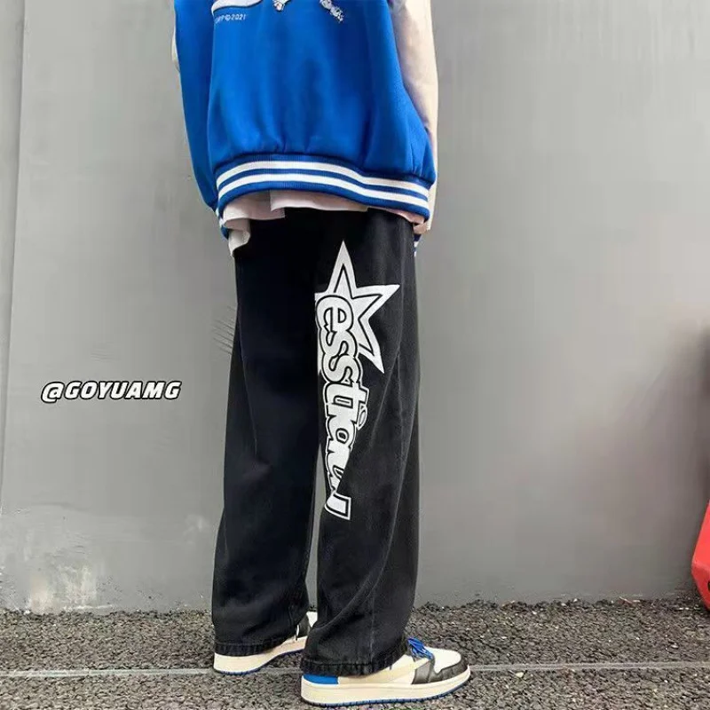 Autumn New Streetwear Retro Hip-hop Letter Printing Jeans Loose Straight-leg Pants Wide-leg Pants For Men And Women Couples