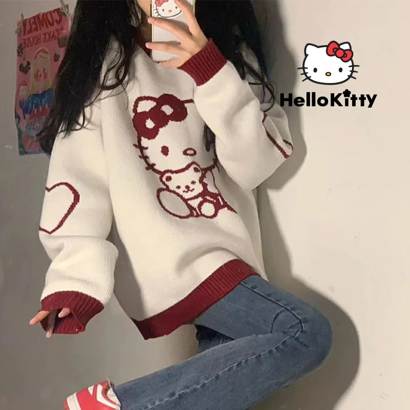 

Sanrio Hello Kitty Knitwears Clothes Women Y2k Fashion Oversize Sweater Spring Korean Kawaii Long Sleeve Pullovers Tops 2023