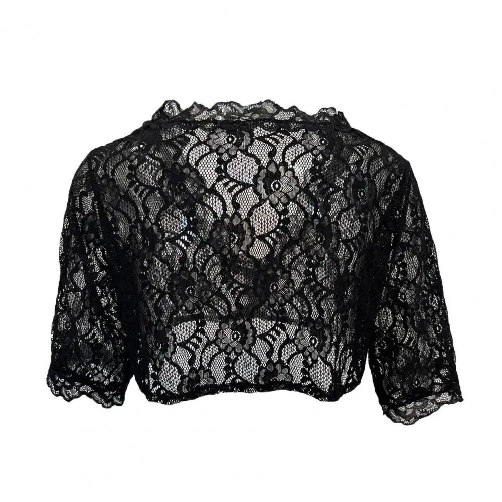 

Elegant Lace Shirt Chic Lace Embroidered V-neck Short Sleeve Shirt Elegant Women's Slim Fit Cropped Top with See-through Details