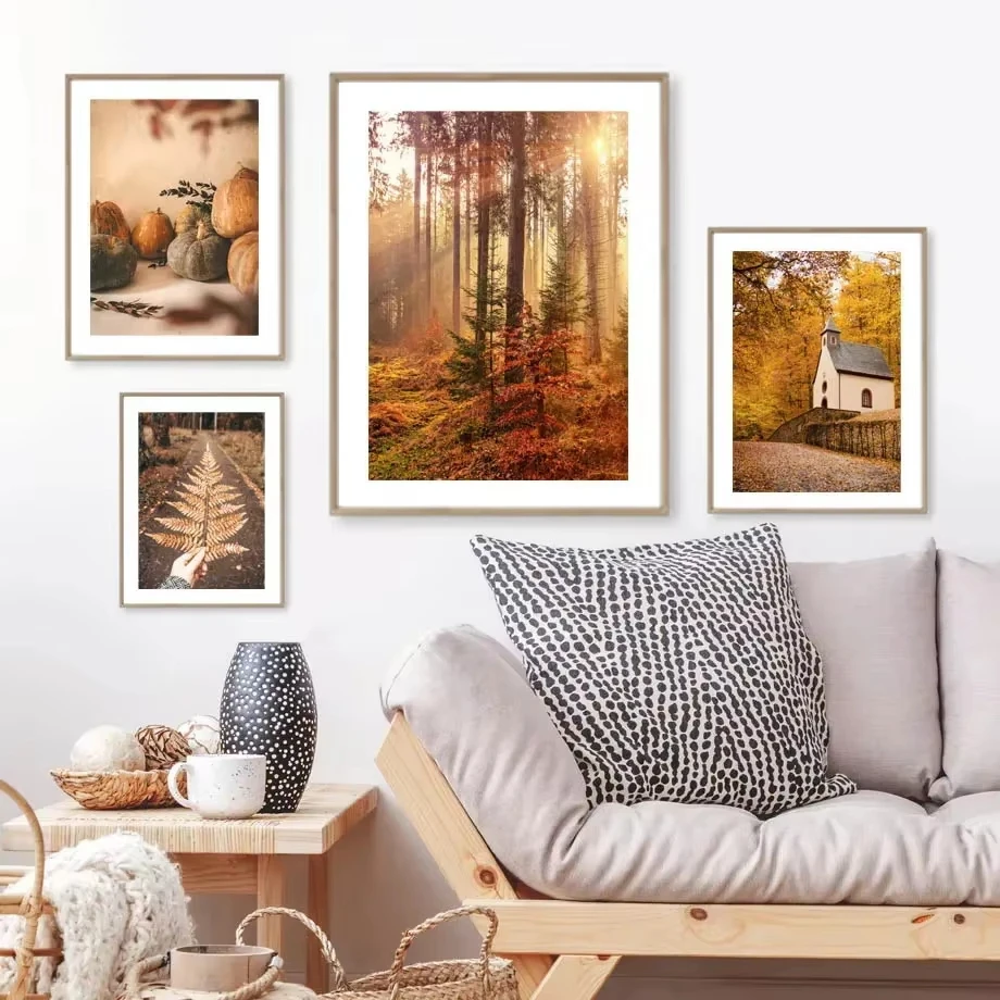 Осенний лес белка лиса тыква сосновый домик печать плакатов холст картина