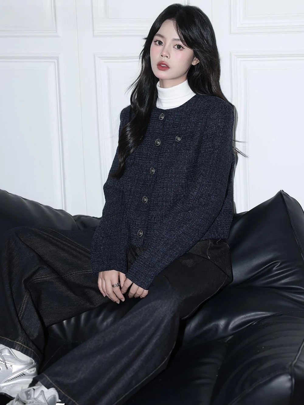 La Chabell French sle Purplish Blue Temperament Graceful Short Outerwear Women Winter New Chic Cardigan Top