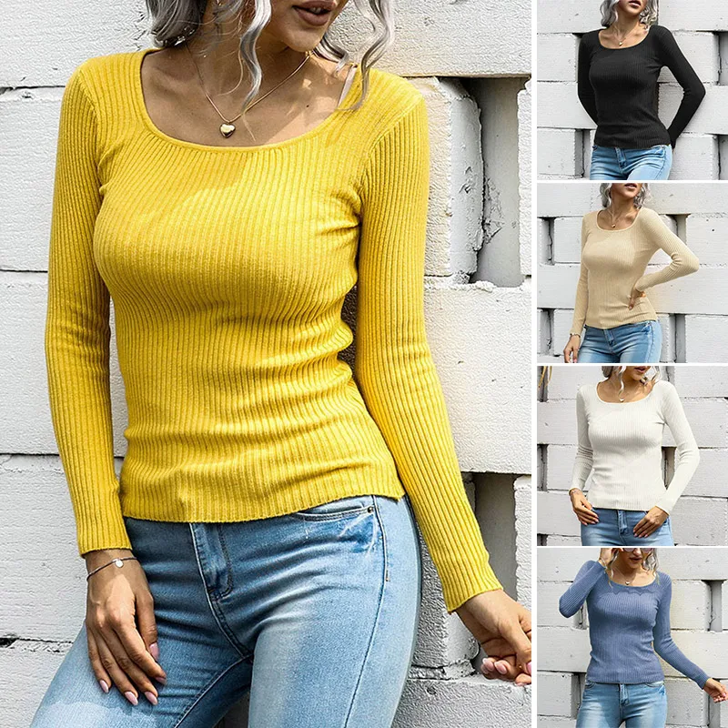 

Новинка, женский эластичный вязаный пуловер с круглым вырезом и длинным рукавом, свитер, Базовая рубашка, облегающая модель