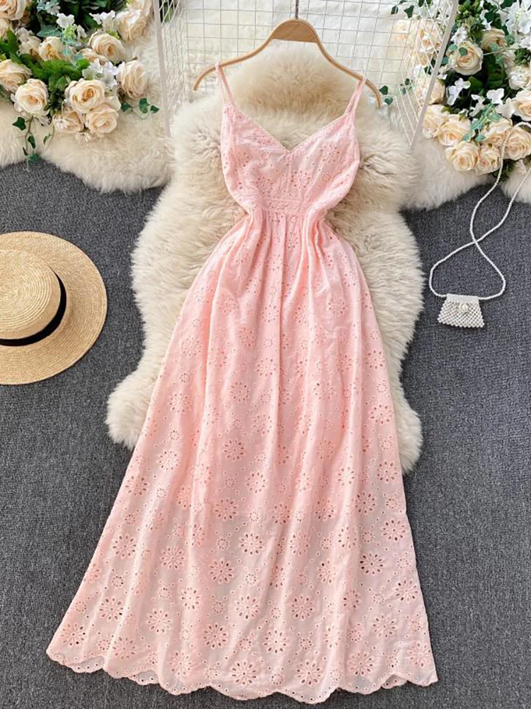 

Sexy Hollow Out Spaghetti Strap Long Dress Summer Women Vintage High Waist Deep V-Neck Yellow/Pink/White Beach Robe 2022 New