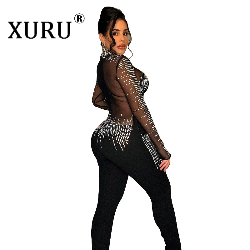 XURU-new Mesh Hot Diamond Women's One-piece Trousers, Sexy Party Nightclub Solid Color Long-sleeved One-piece Trousers