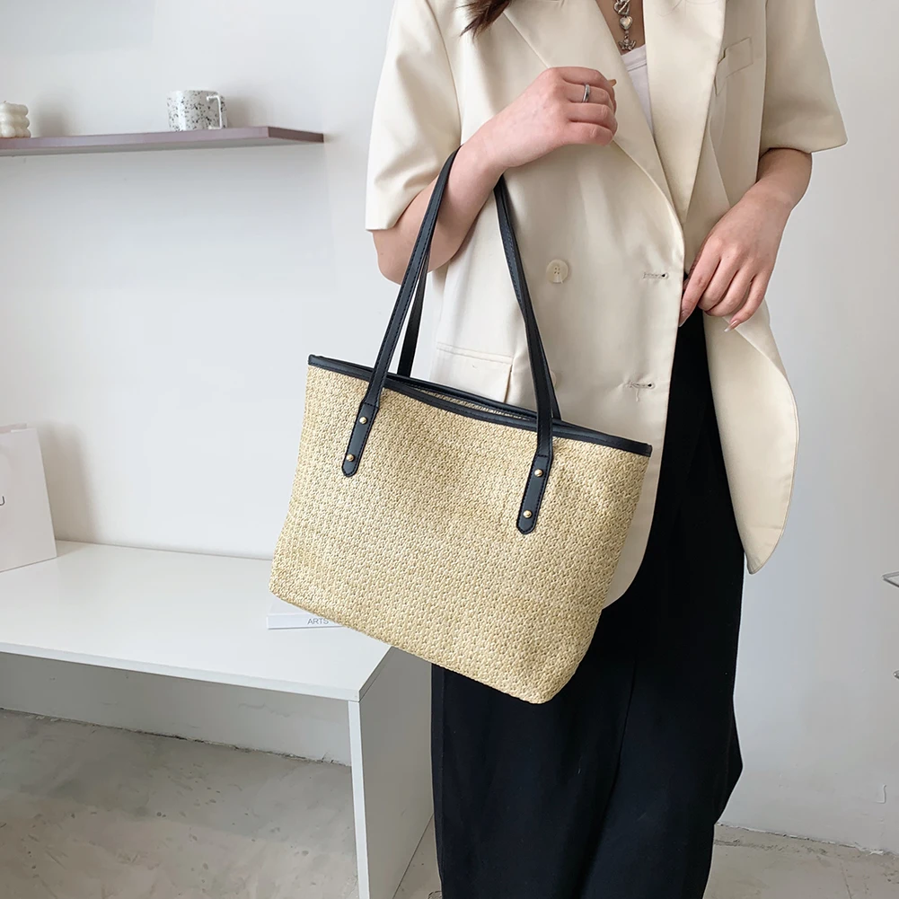 

Женская Соломенная Сумка-тоут на плечо, Портативный пляжный Плетеный тоут с ручками, Повседневная Праздничная брендовая дизайнерская сумо...