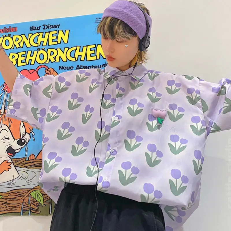 

Purple Tulip Full Print Cute Oversized Shirt Women Short Sleeve Casual Student 2022 Summer Button Up Shirt Korean Streetwear Top