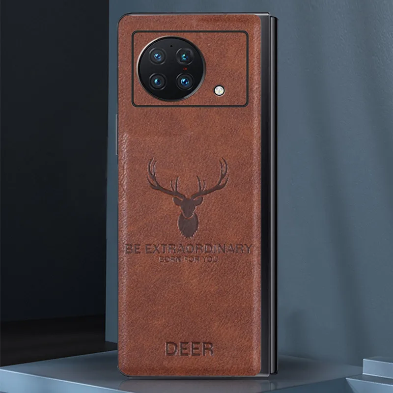 Luxury 2in1 Retro Genuine Leather Hard Phone Case for VIVO X Fold 5G Classic Vintage Deer Elk Head Texture Armor Back Cover