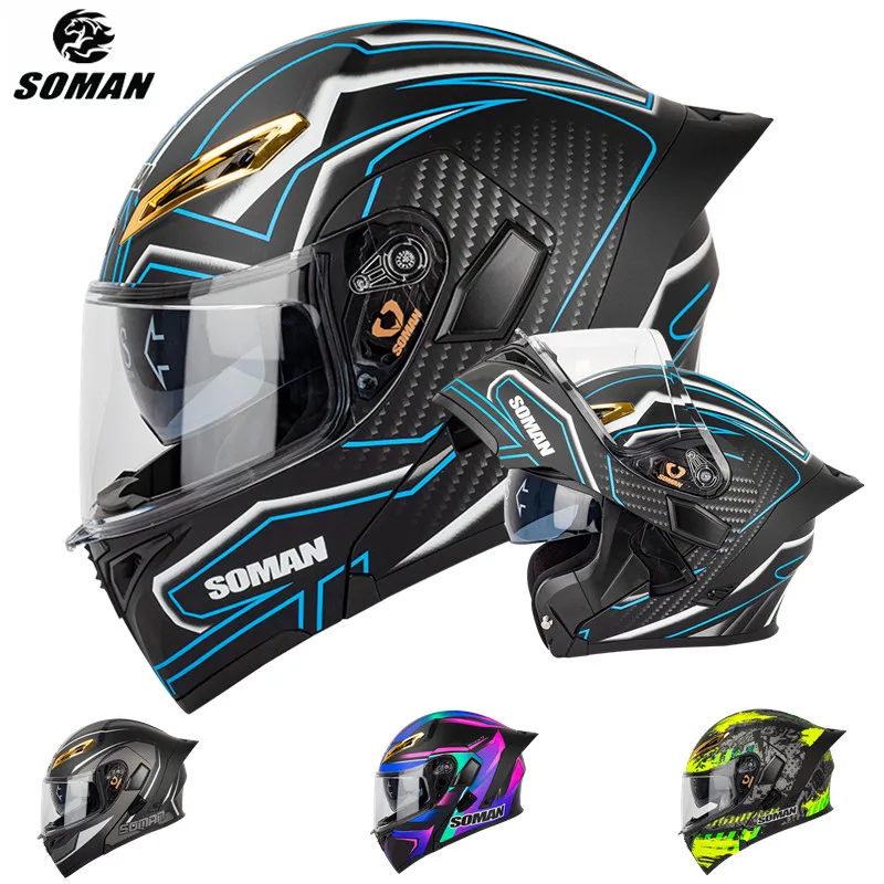 

SOMAN 2021, откидной шлем Visera Casco, черный, синий, двойной объектив, шлем, полное лицо, мотоциклетный шлем для верховой езды, крушение, мужской мотоц...
