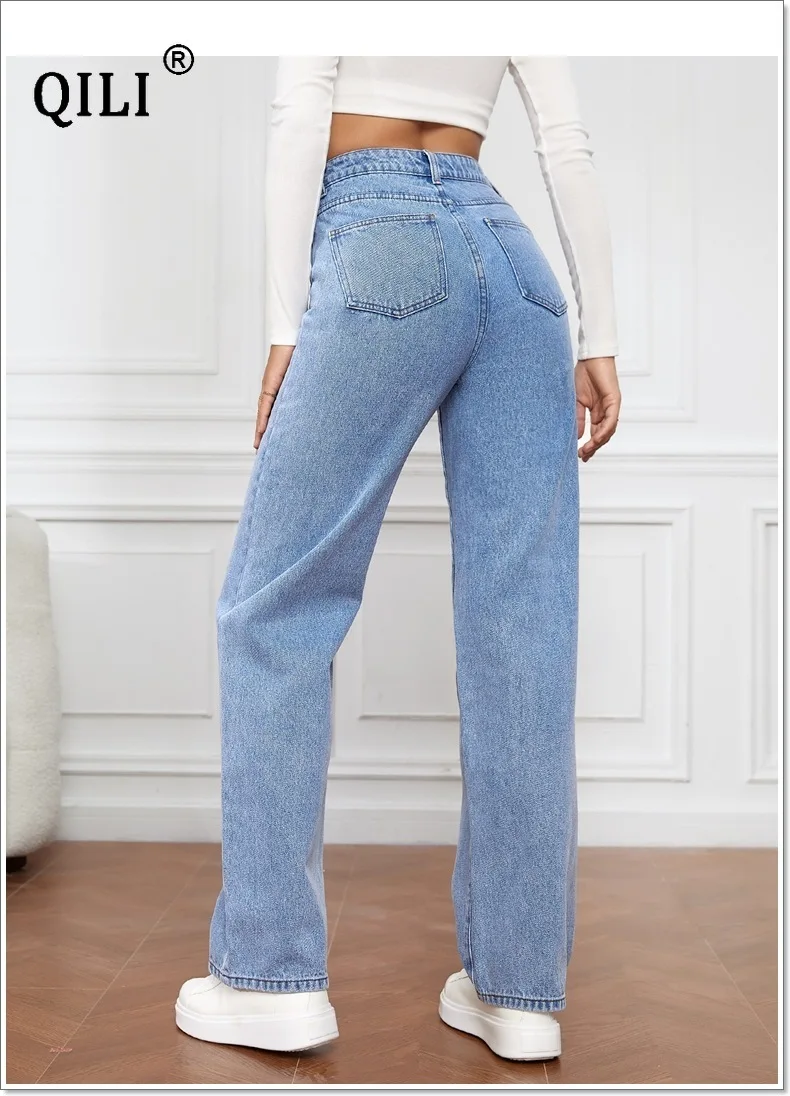 QILI 2023 New Jeans for Women Elastic Wash Denim Women's Pants Versatile Straight Leg Pants