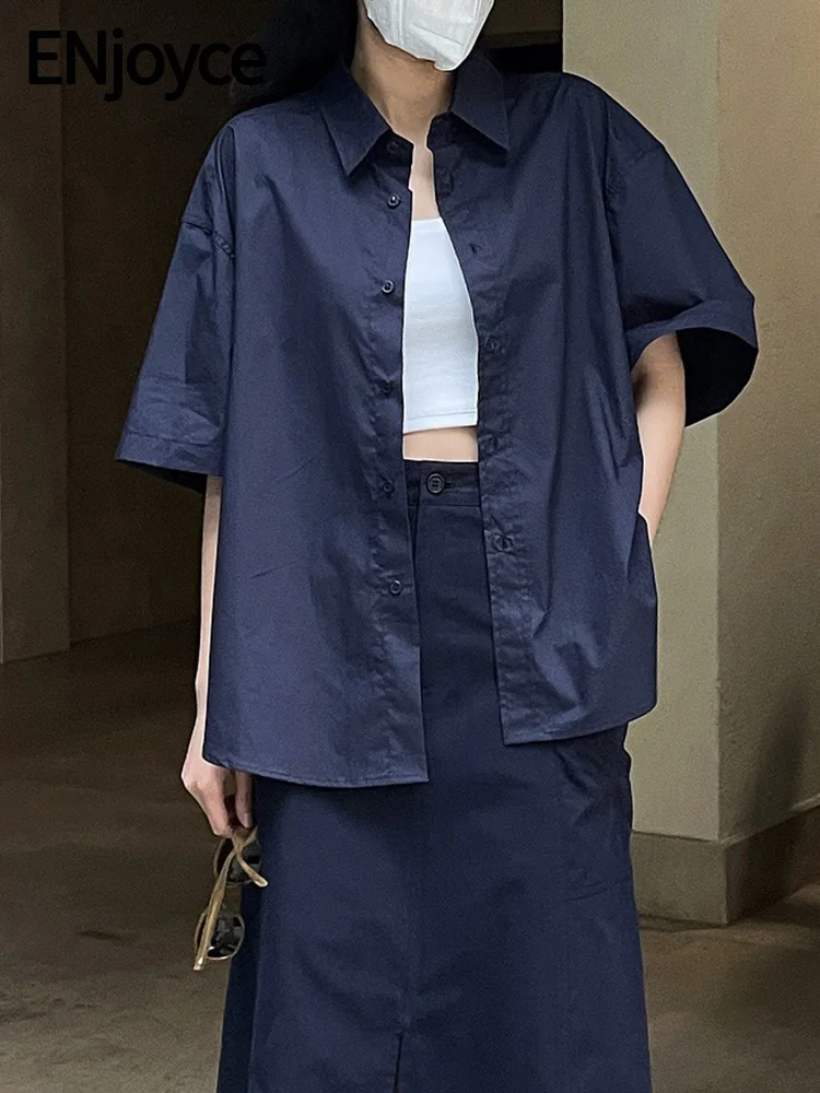 

Женская рубашка с коротким рукавом ENjoyce, белая Базовая Свободная Повседневная Блузка с отворотами, одежда для защиты от солнца на лето