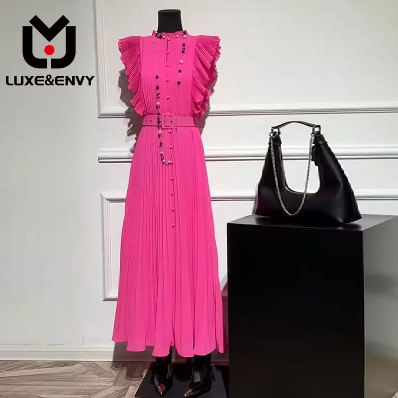 

Роскошное и необычное супер неувядающее шифоновое длинное платье Люкс & ENVY богини во французском стиле Хепберн с маленькими летающими рукавами розово-красное лето 2023