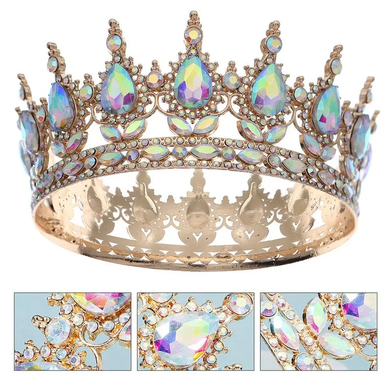 

European and American Wedding Headwear Fashion Light Luxury AB Rhinestone Alloy Round Crown Photography Show Party Jewelry