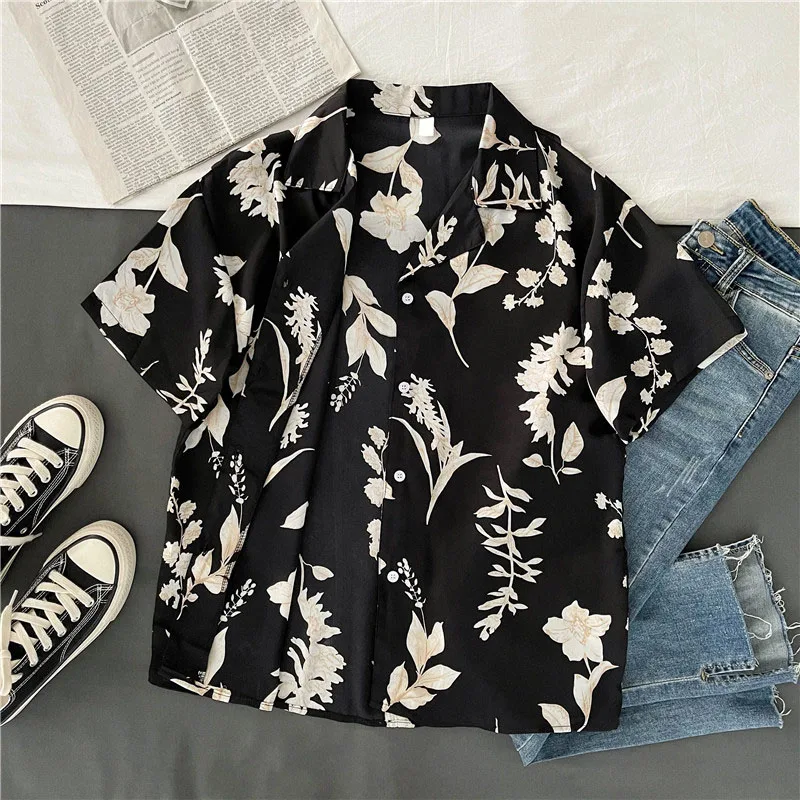 

Женские летние рубашки EBAIHUI с отложным воротником и принтом листьев, блузка с коротким рукавом, элегантная повседневная офисная винтажная шикарная рубашка на пуговицах, топы