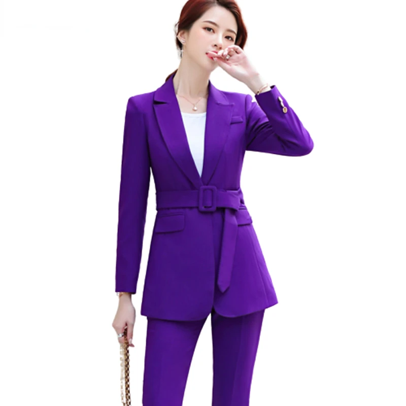 

Purple Belt Women Winter Suit Slim Temperament Long Sleeve Blazer and Pants Office Ladies Fashion Business Work Wear Traje New