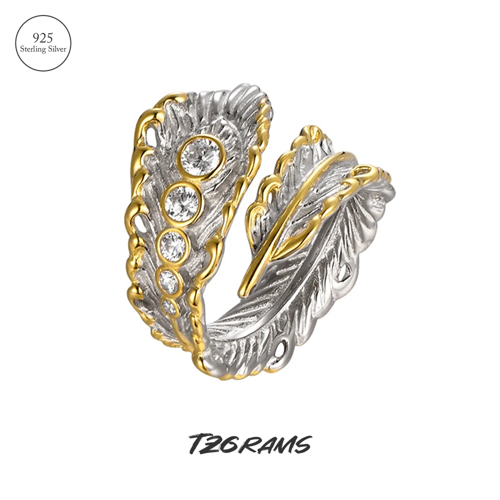 

TZgrams Feather Gold Silver Women Ring CZ 925 Sterling Silver Bohemia Open Rings Adjustable Vintage Unique Exquisite Jewelry