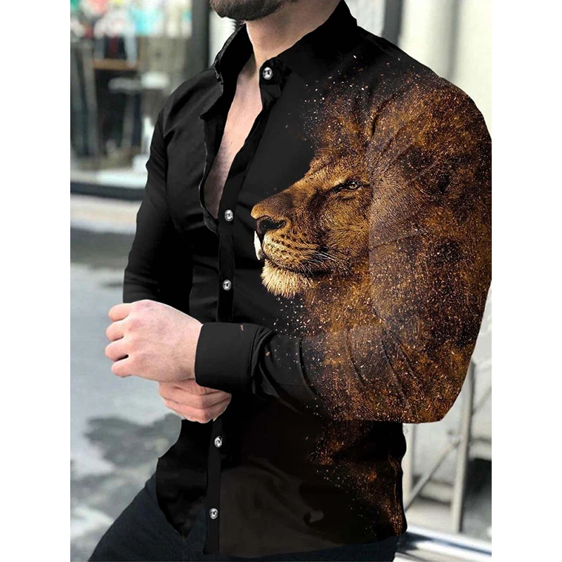 

Fashion Luxury Social Men Shirts Turn-down Collar Buttoned Shirt Casual Lion Print Long Sleeve Tops Men's Clothing Prom Cardigan