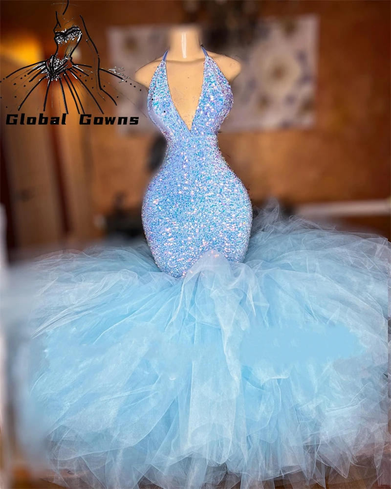 Sky Blue Halter Long Prom Dress For Black Girls 2023 Sparkly Sequined Birthday Party Dresses Ruffles Evening Gowns Mermaid Robe