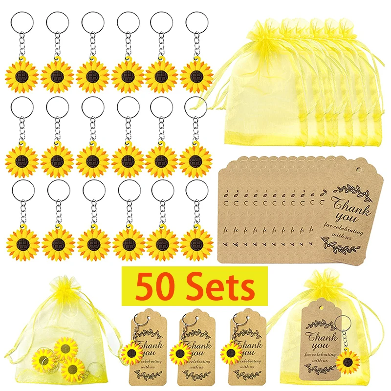 

50 Sets Sunflower Keychains Gifts with Organza Bags Thank You Kraft Tags for Birthday Summer Party Bridal Wedding Gift