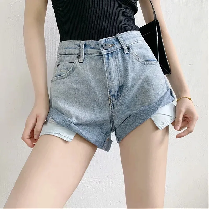 

2021 Friction Flanging Pocket High Waist Denim Shorts Women Summer Trend Korean Harajuku Casual Short Jeans Female Streetwears