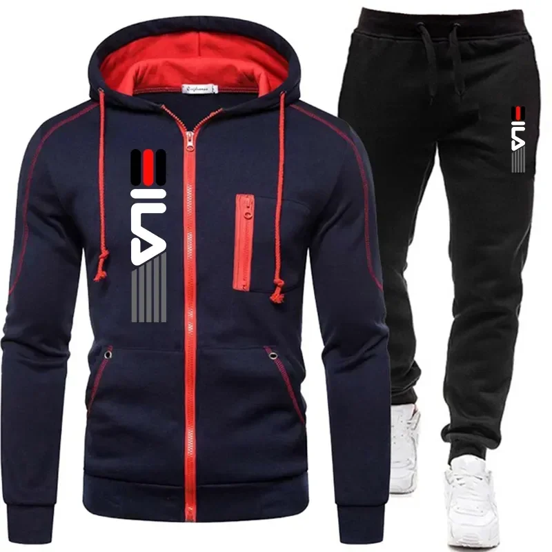 

New Solid Men's Zipper Jacket Hooded Pullover + Sweatpants Sports Casual Jogger Sportswear 2 Piece Male Fleece Streetwear Sets