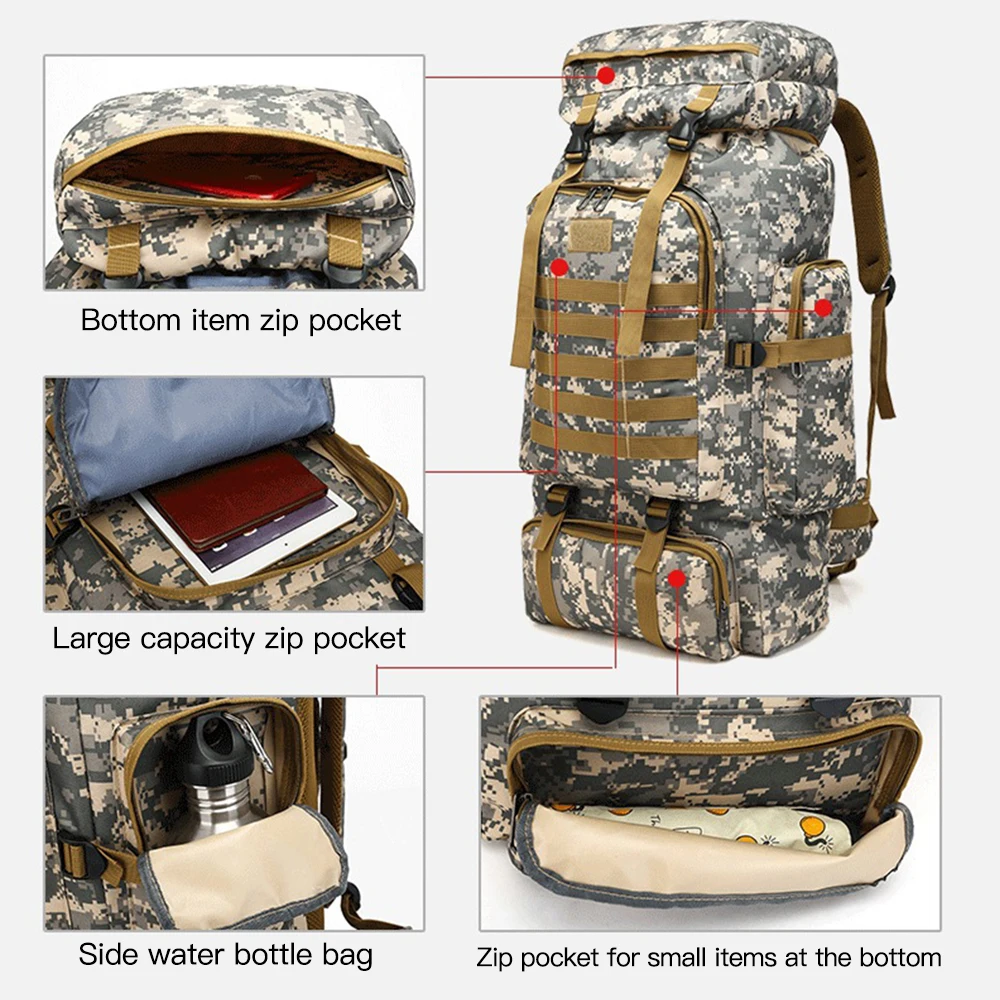 80L Waterproof Tactical Backpack Military Army Hiking Camping Backpack Large Travel Rucksack Outdoor Sports Climbing Hunting Bag