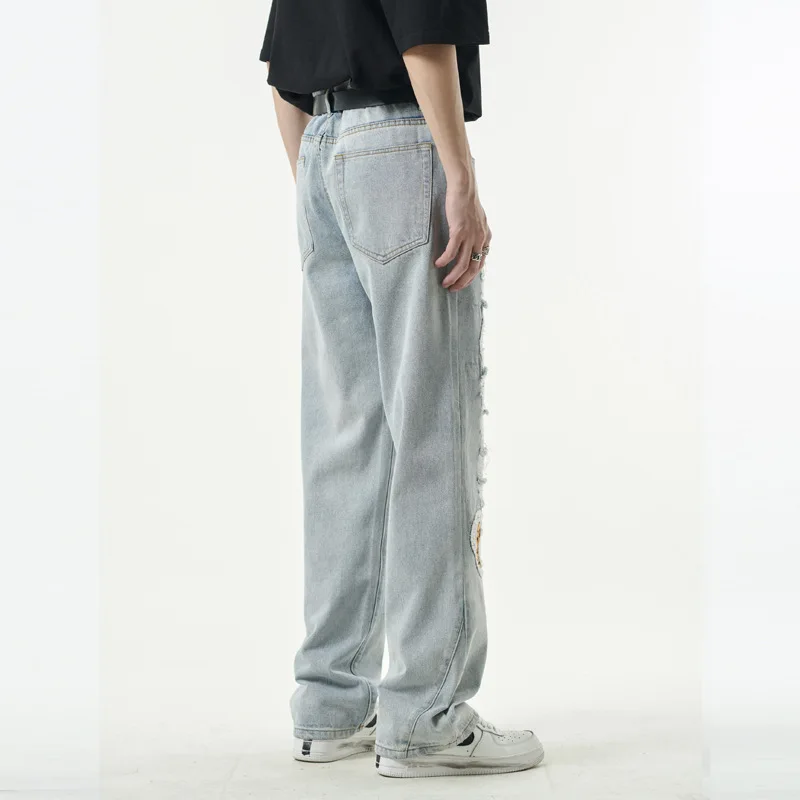 Men's Four Seasons Trousers American High Street Trend Hole Patch Men and Women with The Same Style Denim Trousers Ins Hot Sale