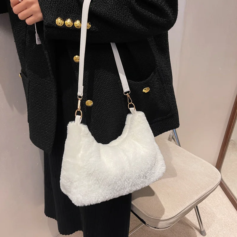 

Winter Fashion Women Soft Plush Shoulder Bags Faux Furry Ladies Small Tote Purse Handbags Solid Color Female Girls Underarm Bag