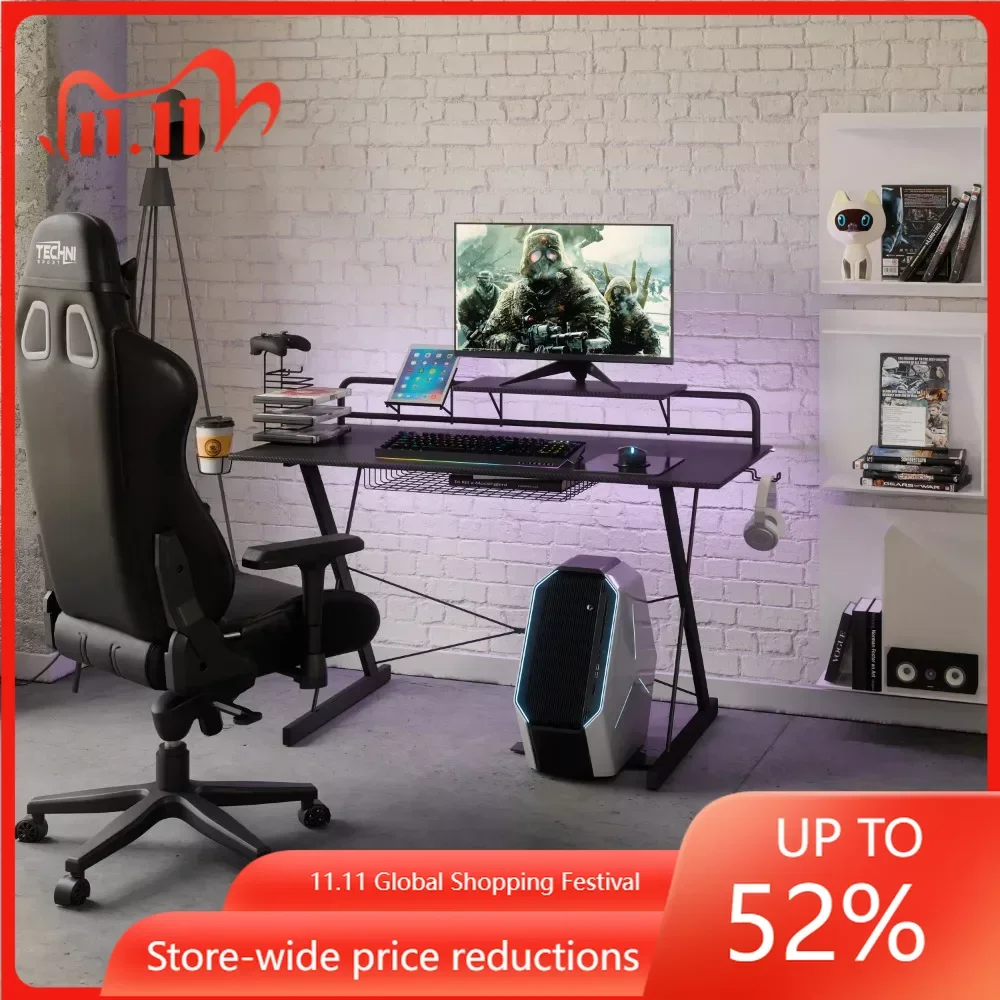 

TS-200 Carbon компьютерный игровой стол с полками, черный