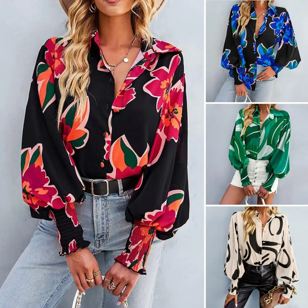 

Женская плиссированная рубашка, Офисная однобортная рубашка с отложным воротником, буффами, длинным рукавом, эластичными манжетами и цветочным принтом, уличная одежда