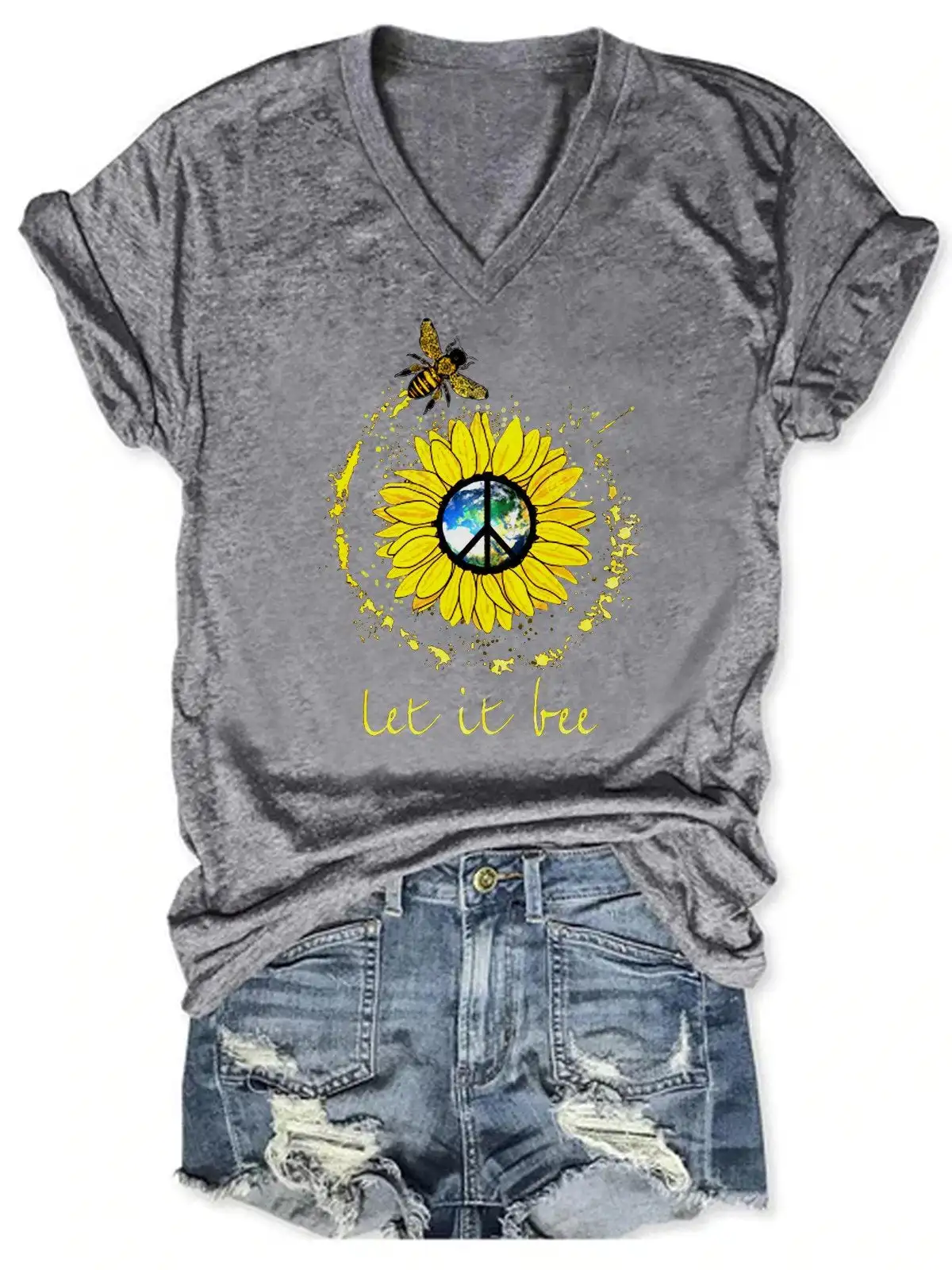 Lovessales Womens Let It Bee Peace Sunflower Short Sleeve 100% Cotton T-shirt