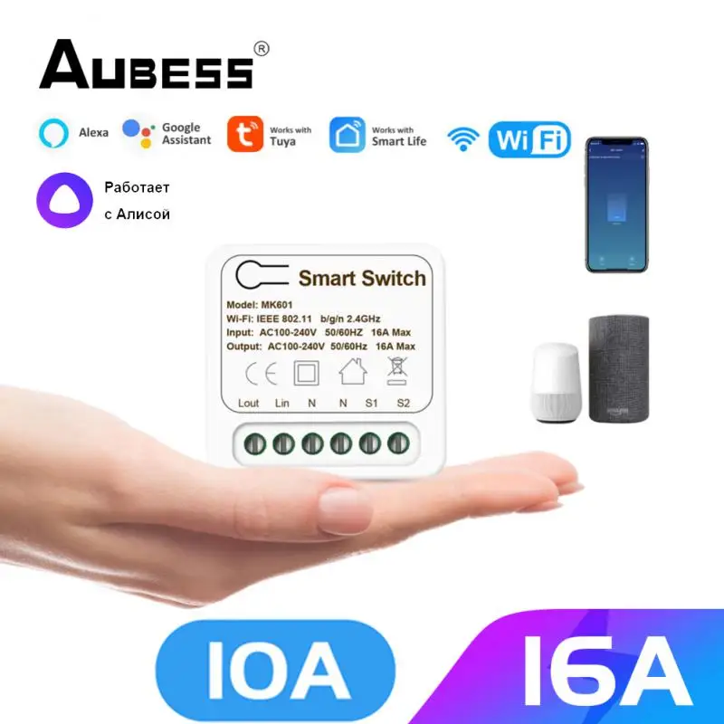 

Tuya Wifi Mini Smart Switch 10A/16A 2-Way DIY Switches SmartLife App Timer Module Support Alexa Google Home Alice Voice Control