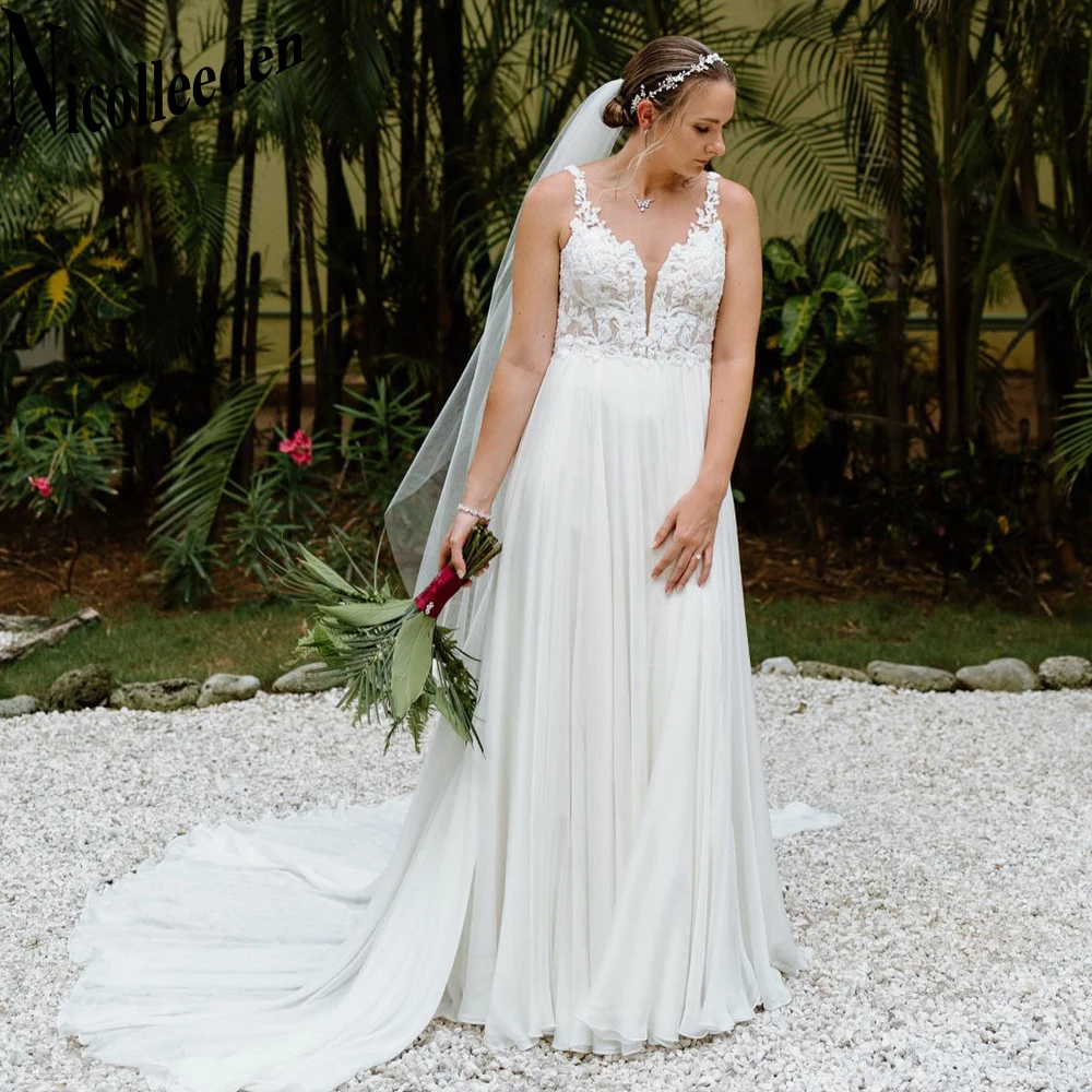

Nicolle Simple Backless Appliques Wedding Dresses V-Neck Court Train Chiffon Spaghetti Straps Sleeveless Vestidos De Novia