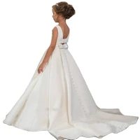 flower girls dress with bow elegant first holy communion gowns jewel neck lace open back satin pageant dress for girls