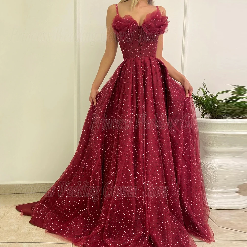 

Burgundy Dresses For Woman Weddings Party Spaghetti Straps A Line Floor Length Glitter Dots Tulle Simple Evening Gown 2022 Robe