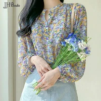 jhbeute 2022 spring fashion floral chiffon shirt female new design sense long sleeve printing sweet temperament shirt women